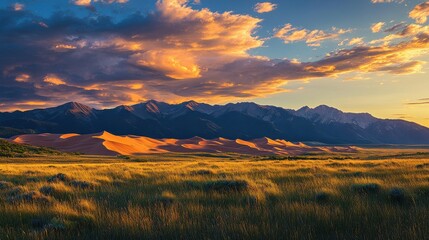 Obraz premium Expansive desert landscape at sunset showcasing golden sand dunes and distant mountains