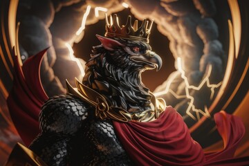 A majestic crowned griffin, adorned in gold and a crimson cape, stands majestically amidst swirling energy.