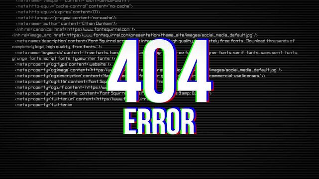 ERROR 404. Animation of failures in the text  with RGB distortion, background related to encoding, hacking and system failures. 4K video