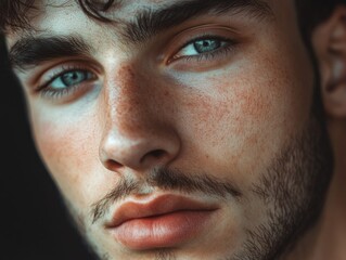 A modern and stylish portrait of a young man with blue eyes, showcasing a sultry gaze.