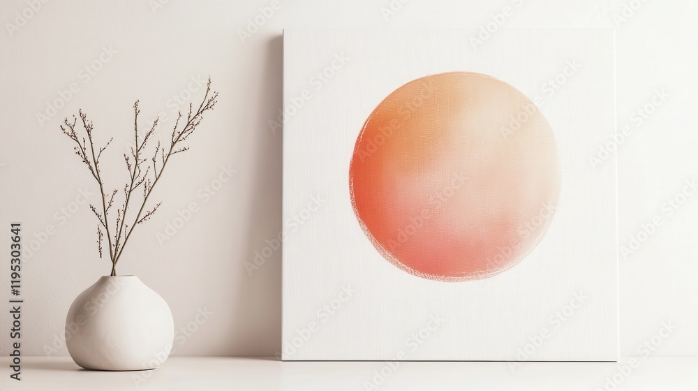 Poster soft pink orb on minimalist white canvas with delicate vase and branch arrangement in a serene setti