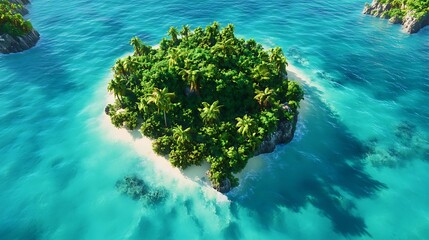 A tropical island surrounded by crystal-clear turquoise waters with lush greenery in the center