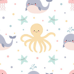 Seamless pattern with cute cartoon whale, octopus, jellyfish, starfish, bubbles. Childish endless background with underwater life. Vector.