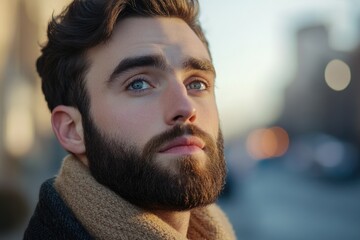 Fototapeta premium Portrait of a young man with beard and mustache. He has a contemplative expression as he gazes off to the side. The background is urban, indicating a city street setting.