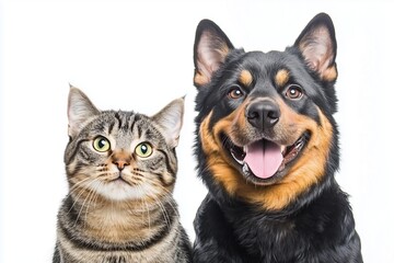 Cute dog and cat with happy expressions on white background