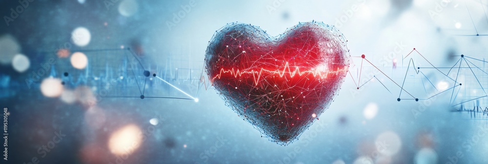 Poster Dynamic red heart glowing vividly with cardiogram displaying heartbeat and connectivity in a digital environment. Generative AI