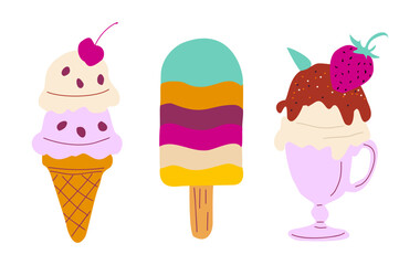 Set of delicious ice cream of various type. Tasty frozen creamy desserts decorated with chocolate glaze and fruits. Flat cartoon colored illustration isolated on transparent background