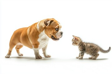 Obraz premium Cheerful bulldog dog and curious cat looking at each other on white background