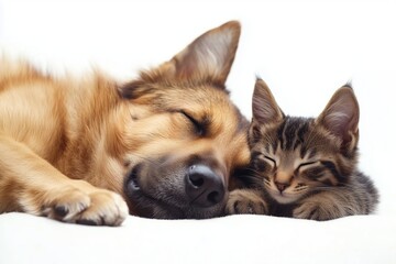 Obraz premium Friendly dog and relaxed cat sleeping together on white background