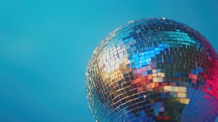 Disco ball with a blue background. The ball is made of shiny, reflective material and has a colorful, multi-colored design. The blue background adds a sense of depth and contrast to the image