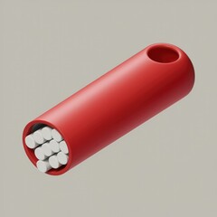 Red cylindrical container filled with white cylindrical objects.