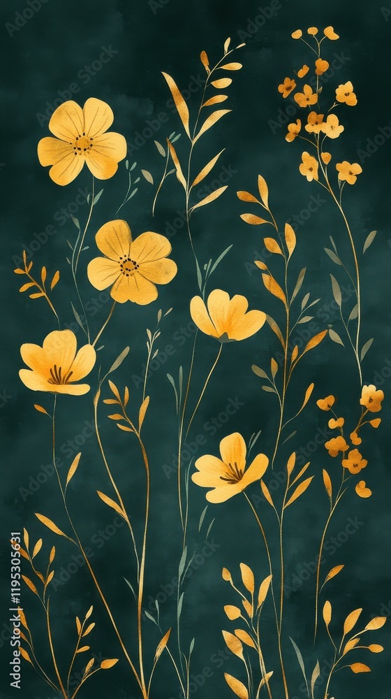 Poster hand-drawn golden flowers set against a deep emerald background creating an elegant and artistic flo