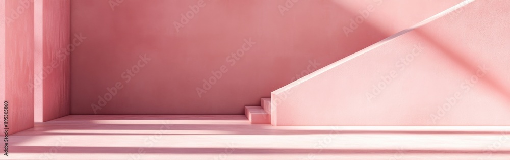 Fototapete elegant space featuring muted pink tones with a staircase and soft shadows in a minimalist design