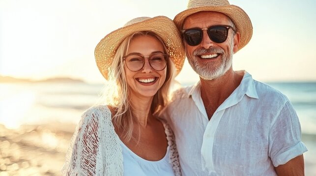 Happy couple enjoying a beautiful beach sunset, smiling and embracing each other while wearing hats and sunglasses