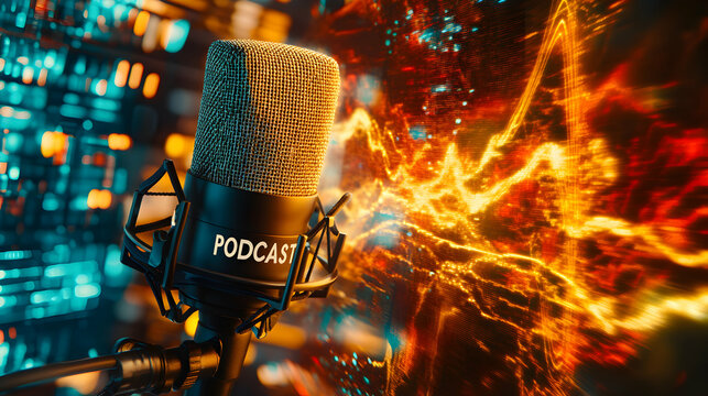 Professional podcast microphone with vibrant audio waveform background. Ideal for broadcasting, media, and online content.