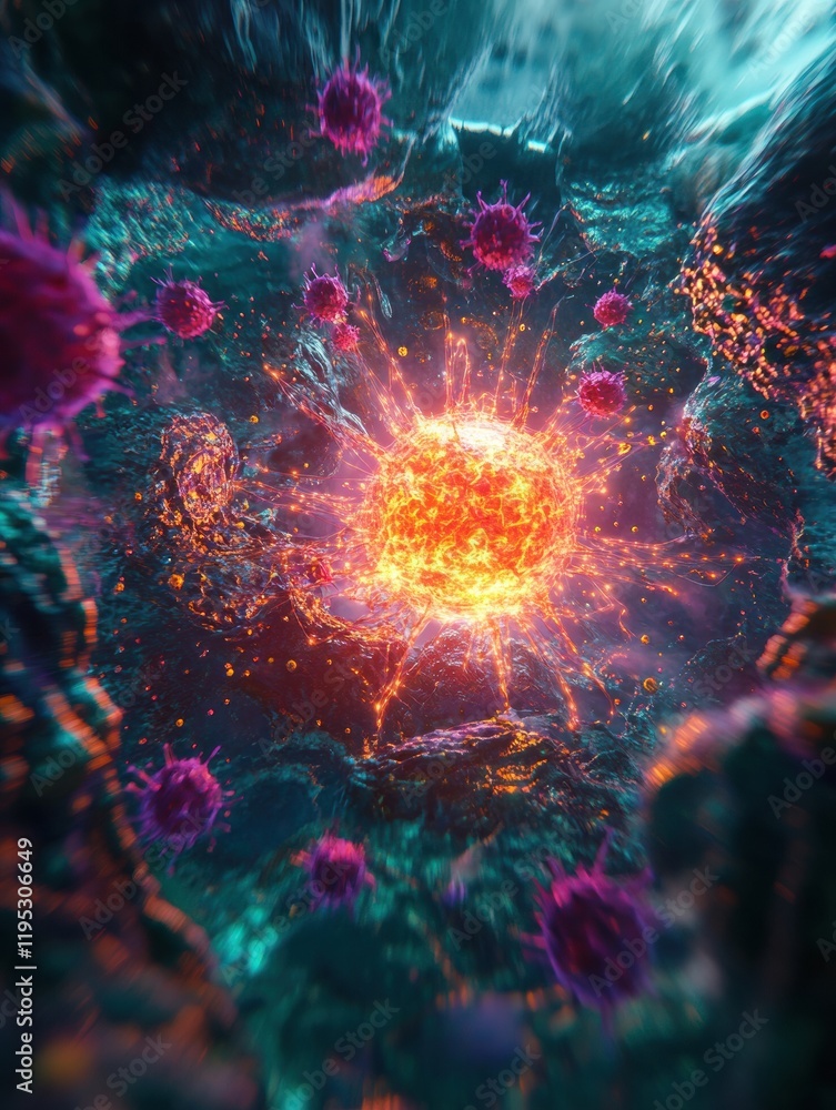 Aufkleber glowing cell illuminated in a dark environment surrounded by aggressive viruses. generative ai