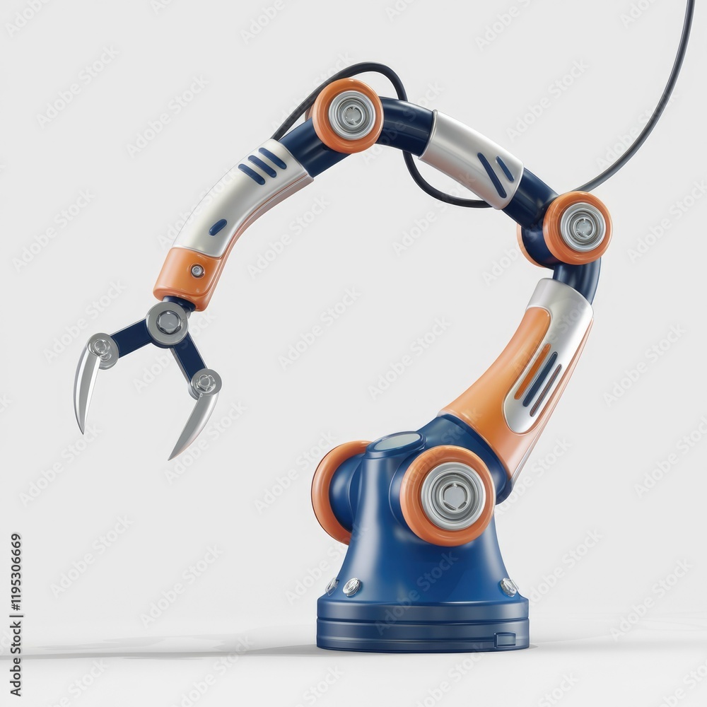 Poster a robotic arm with a claw, featuring a blue and orange design, isolated on a white background.