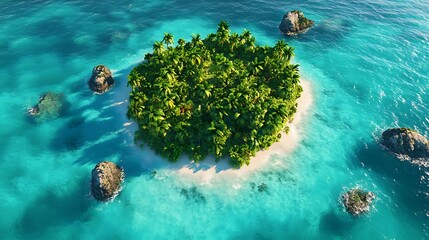 A tropical island surrounded by crystal-clear turquoise waters with lush greenery in the center