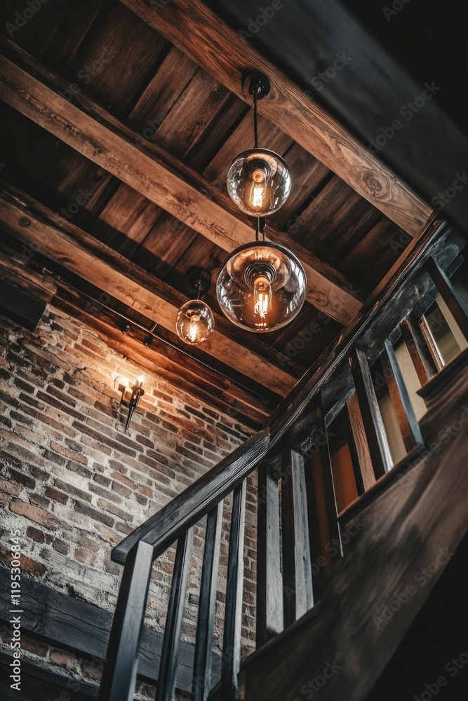 Poster a view of an old stairwell with brickwork and a vintage string lighting setup.