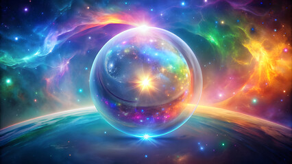 Rainbow Energy Sphere Sparkling in Nebula. Perfect for: New Year's Celebrations, Visionary Art Shows, Spiritual Workshops