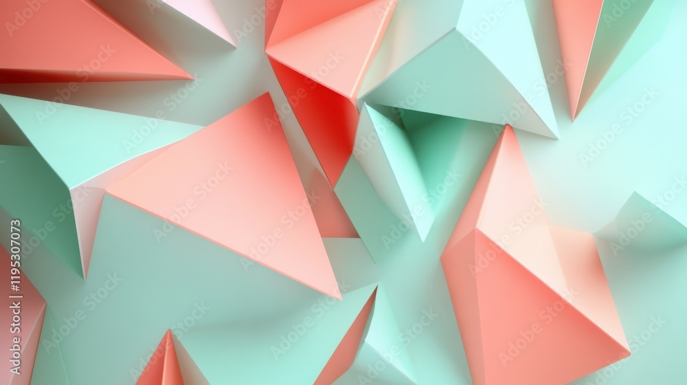 Poster Elegant pastel coral and mint triangles arranged in a modern, three-dimensional pattern on a soft background