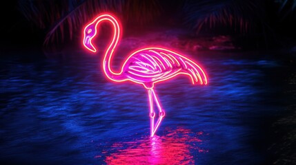 Neon flamingo standing in water with a dark tropical background and reflections