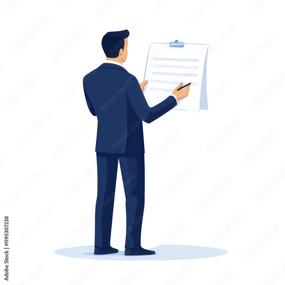 Poster businessman reviewing a document in a modern office setting for effective decision-making., isolated
