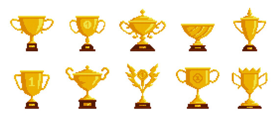 Winner golden cups. Pixel 8 bit game sprites, trophy goblets, mobile app elements, victory symbols, yellow first place awards. Championship and tournament win nowaday vector isolated set
