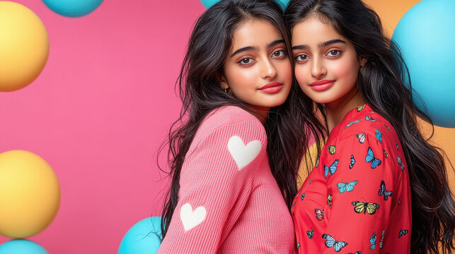 two cute indian girls wearing pink long sleeved knit sweater standing together