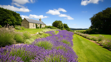 A vibrant lavender farm with neat rows of purple blossoms under a vivid blue sky a stone cottage in the distance.