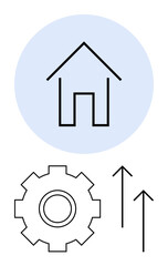 Outline of house, gear, and upward arrows on soft blue circle. Ideal for business growth, innovation, real estate, progress, productivity, success abstract line flat metaphor