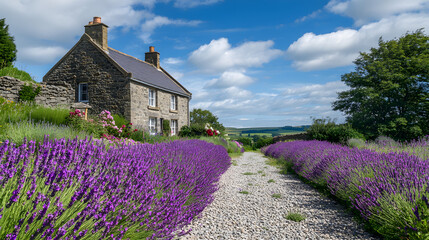A vibrant lavender farm with neat rows of purple blossoms under a vivid blue sky a stone cottage in the distance.