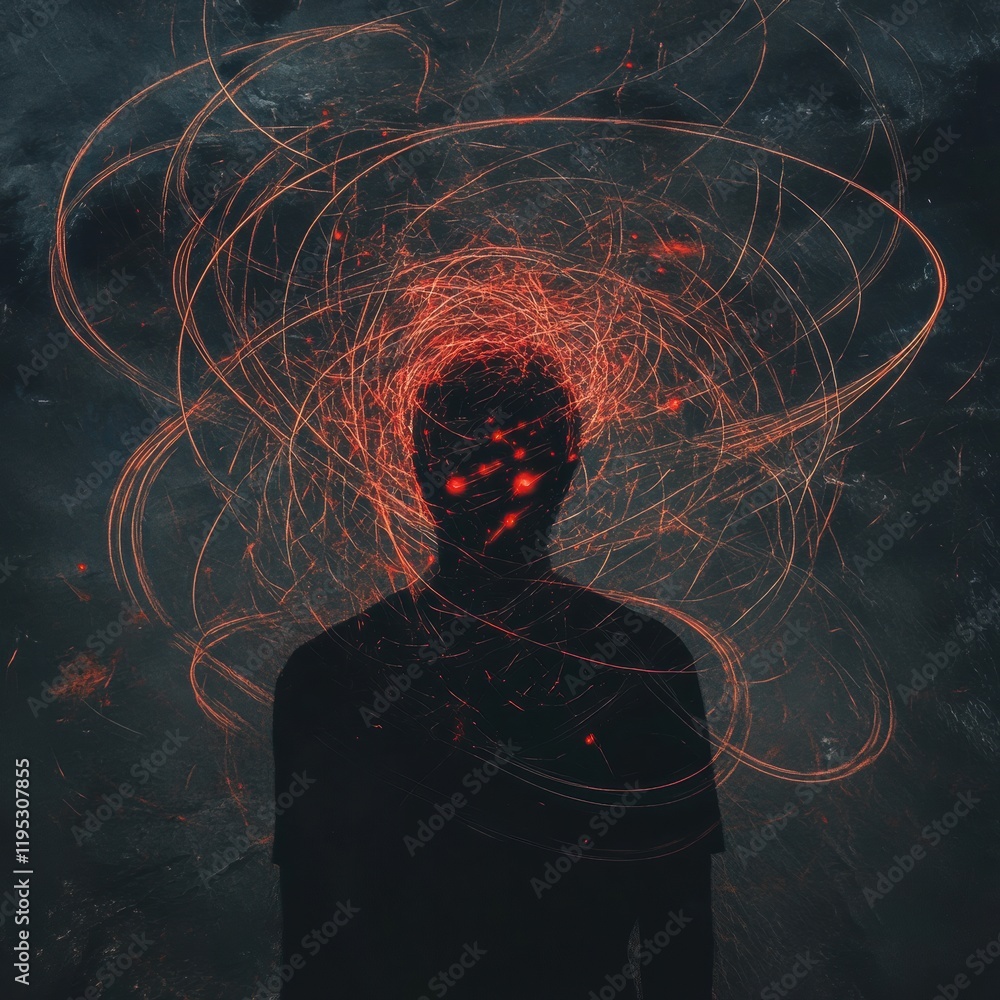 Leinwandbilder Person surrounded by swirling lines and abstract shapes representing thoughts and emotions in a dark environment. Generative AI