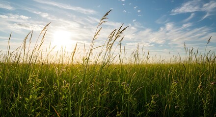 Obraz premium A sun-drenched field with tall grass swaying gently in the wind. Weather and Atmosphere