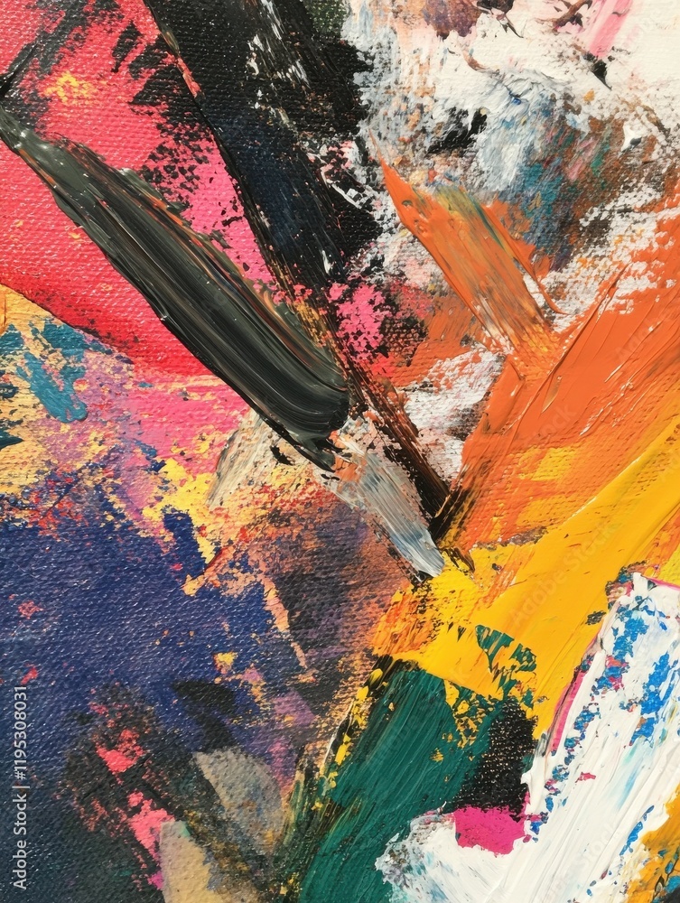 Poster close-up view of a hand skillfully using a paintbrush on a vibrant canvas filled with colors and tex