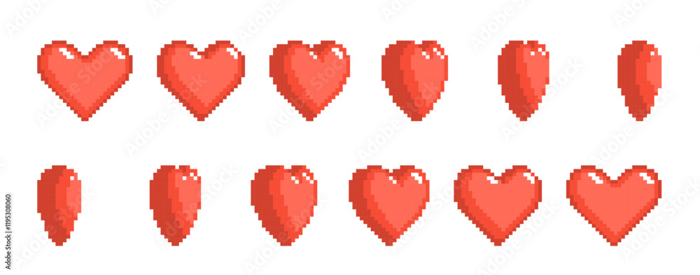 Poster frame by frame pixel heart rotation. retro 8 bit arcade game element animation, sequence sprite, rom