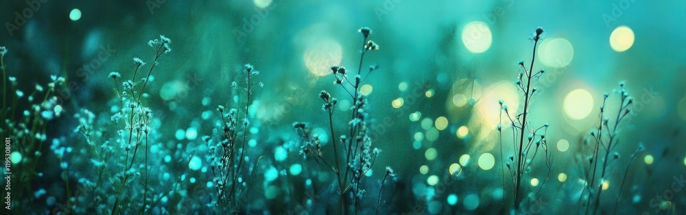 Aufkleber cool-toned bokeh lights blend with emerald green foliage creating a serene atmosphere in a tranquil 