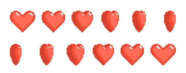Frame by frame pixel heart rotation. Retro 8 bit arcade game element animation, sequence sprite, romantic love moving symbol, vitality, valentine sign, digital UI, nowaday vector isolated set