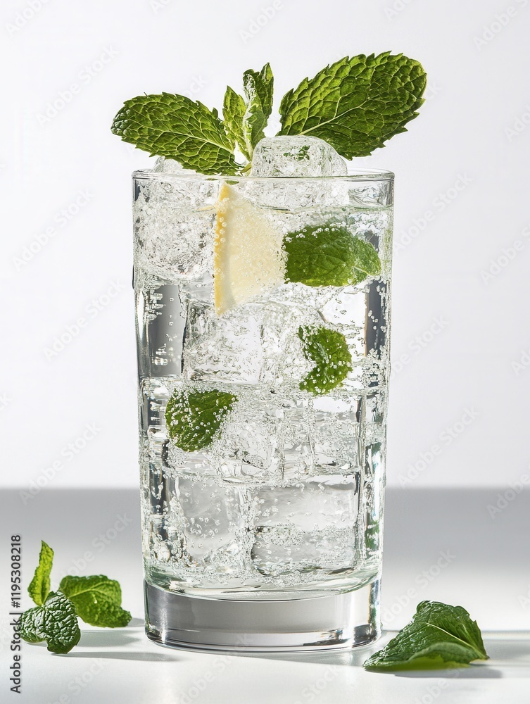 Poster fresh lemonade with ice and mint leaves in a clear glass on a bright background, ideal for summer re