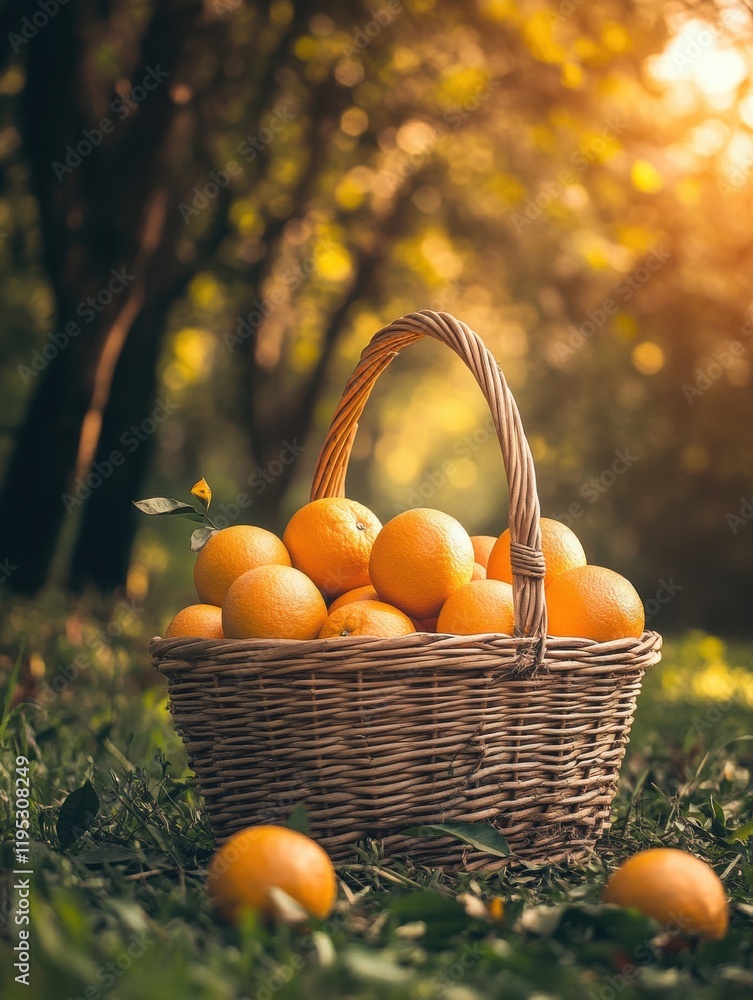 Poster Beautiful close-up of a wicker basket overflowing with fresh oranges in a sunlit forest setting