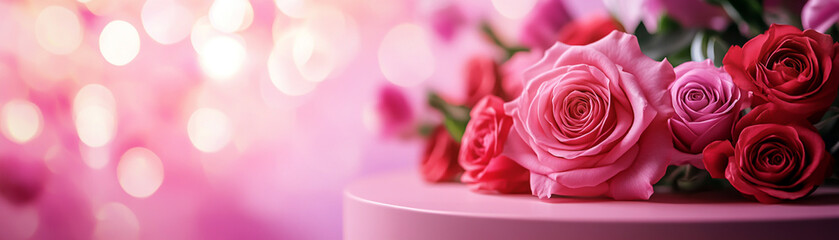 A vibrant arrangement of roses in shades of pink and red, set against a dreamy background.