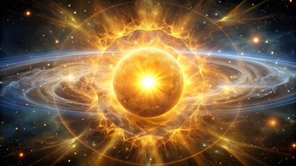Obraz premium Golden Sun with Energy Waves in Cosmic Space. Perfect for: Solstice Celebrations, Visionary Art Exhibits, Energy Healing Sessions