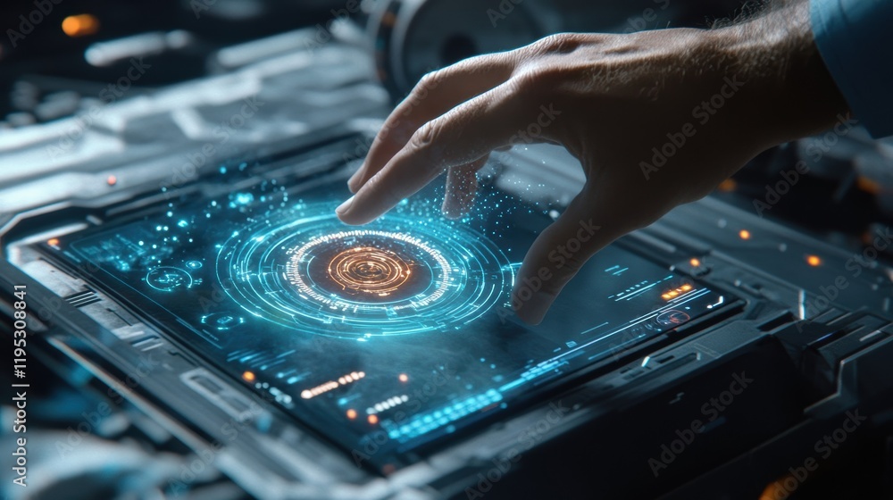 Aufkleber an engineers hand hovering over a dashboard fragment that features predictive analytics with warning