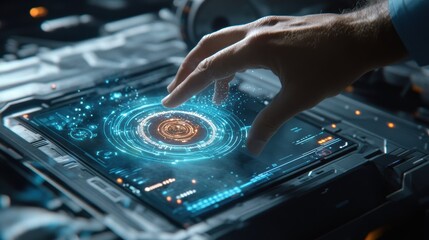 Obraz premium An engineers hand hovering over a dashboard fragment that features predictive analytics with warning indicators highlighting potential issues in machine operations.