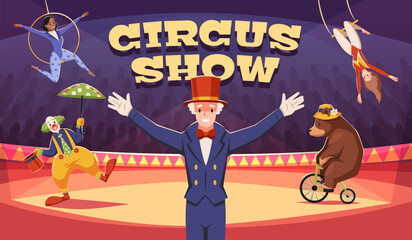 Arena performance poster. Circus show invitation, entertainers, acrobats, clown and bear on bike, entertaining tricks, advertising banner design cartoon flat isolated tidy vector concept © YummyBuum