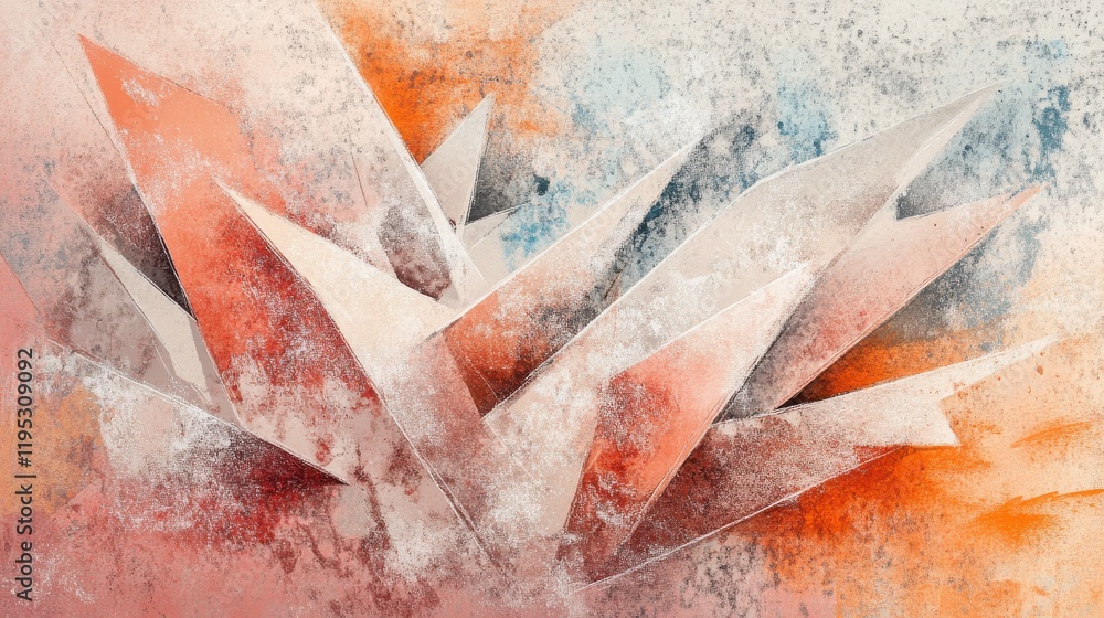 Poster abstract composition of pencil strokes creating dynamic shapes in muted colors and textured backgrou