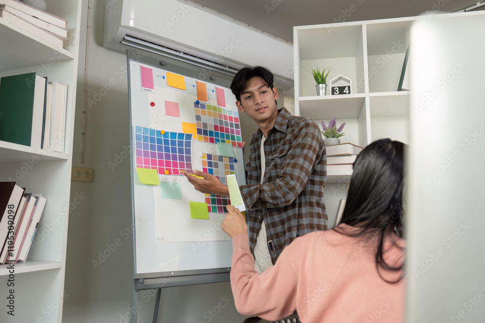 Aufkleber design team discussing creative strategies in a collaborative workspace, presenting ideas on a color