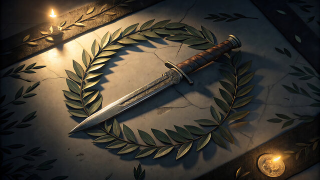 Dramatic ides of march scene with roman dagger and laurel wreath.