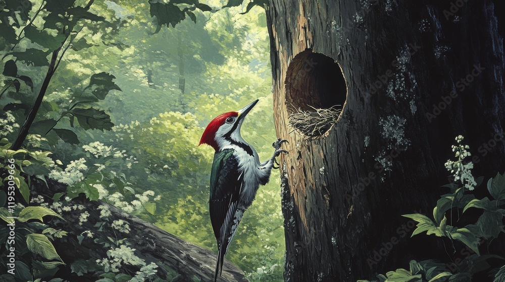 Aufkleber Woodpecker hammers into tree trunk while searching for insects in the forest