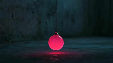 Glowing pink sphere hangs from chain, dark background.